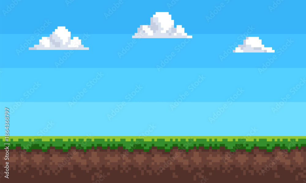 Obraz premium Pixel art background sky, clouds and grass. seamless Vector illustration