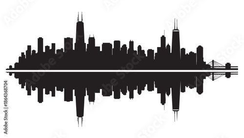 Silhouette of a city skyline with reflection in water for urban scenery design