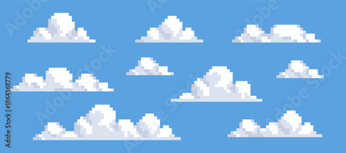 Fluffy clouds pixel art icon set. Smoke or fog. sky 8-bit sprite Isolated vector illustration