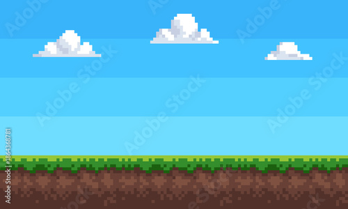 Pixel art background sky, clouds and grass. seamless Vector illustration