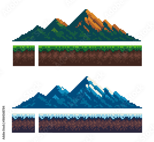 A set of pixel seamless element landscape with hill and mountains