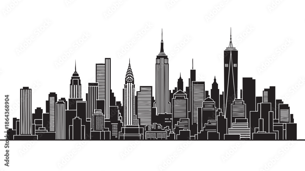 Obraz premium Silhouette of a Modern City Skyline with Tall Skyscrapers and Buildings