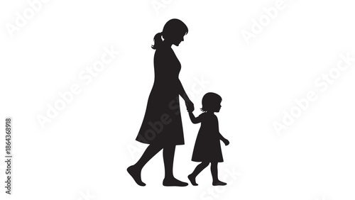 Silhouette of a mother and child walking holding hands on transparent background
