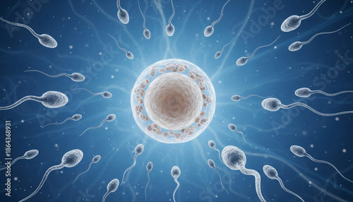 Human fertilization concept with sperm cells swimming towards a glowing egg cell
