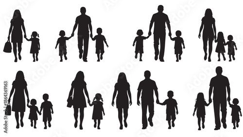 Silhouettes of a family including parents and children walking together on white background