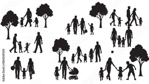 Silhouettes of Families Walking and Playing in Nature on Transparent Background