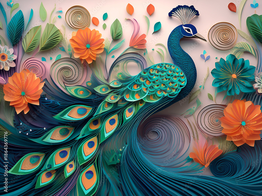 Fototapeta premium Illustration - Multi-media Peacock Design - AI Generated