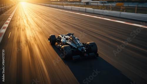 Formula racing car speeding on asphalt track at sunset