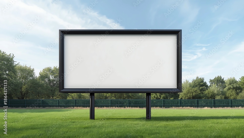 Fototapeta premium Mock up template Horizontal billboard out of home (OOH) advertising poster on grass, against background of lush plant wall of building. Bright day, blue sky with clouds.