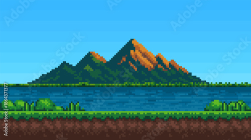 Pixel art background sky, mountains and lake. seamless Vector illustration