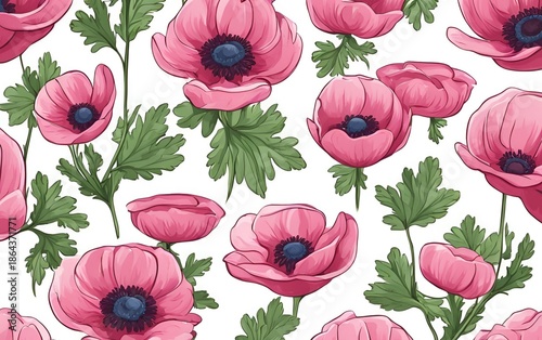 A gentle and cheerful illustration pattern with blooming anemone flowers and leaves, ideal for contemporary backgrounds, fabric designs, and springtime projects.