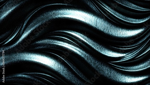 Abstract background featuring a dark metallic surface with deep, flowing waves, highlighted by vibrant blue and cyan light reflections. The sleek texture suggests liquid metal, luxury.