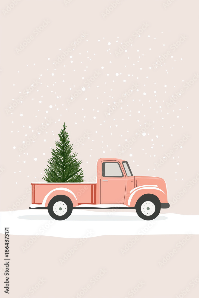 Obraz premium Small pink pickup truck with Christmas tree on beige. Minimal Christmas concept.