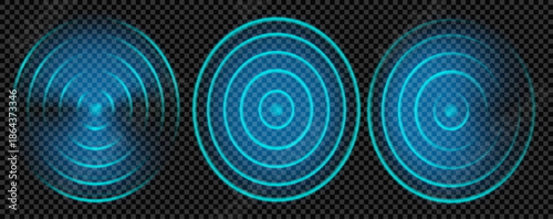 Radar sound wave with wifi sonar signal effect and blue neon light for technology. 3d glow ripple with radial circular echo waveform with tech sensor. Abstract vector design for wireless network