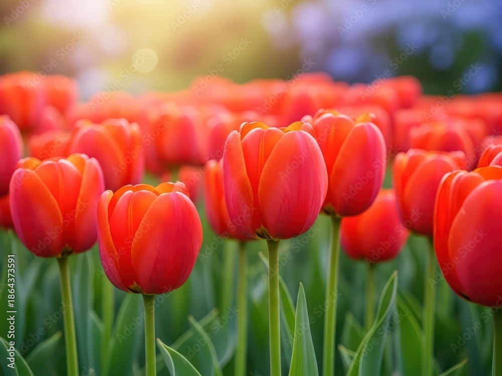 Fototapeta premium Red Tulips Blooming in Spring Sunlight Floral Background
