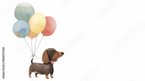 Dachshund profile with balloons on white background. Birthday celebration concept.