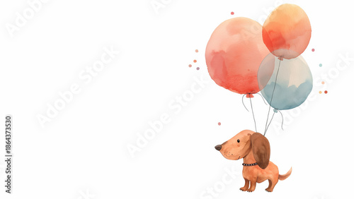 Watercolor balloons and dachshund corner on white. Birthday party background concept.
