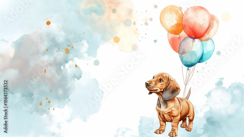Watercolor dachshund with balloons and splashes. Birthday celebration concept.