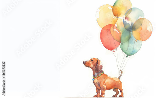Dachshund walking with balloon bunch on white background. Birthday party concept.
