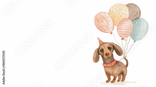 Dachshund dog with balloons on white background. Birthday celebration concept.