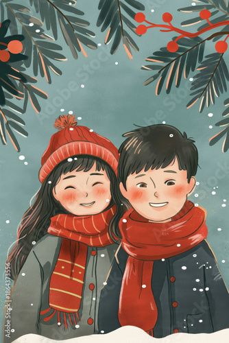 Cute couple in winter hats hugging under snow. Christmas holiday greeting concept.