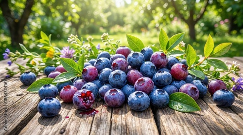 Abundant Fresh Blueberries Scattered on a Rustic Wooden Surface Surrounded by Lush Greenery