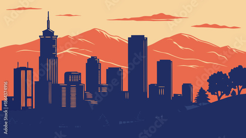 Denver skyline showcases the blue city art with reddish mountains backdrop, perfect for travel websites, city guides, and promotional materials.