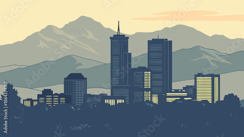 Denver skyline with mountains in background. Perfect for travel brochures, city guides, website banners, and tourism advertisements. Vibrant urban landscape.