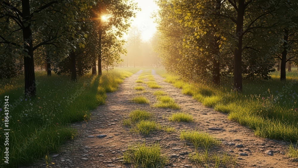 Fototapeta premium Sunlit Forest Path Scenic Dirt Road Through Trees, Nature Landscape