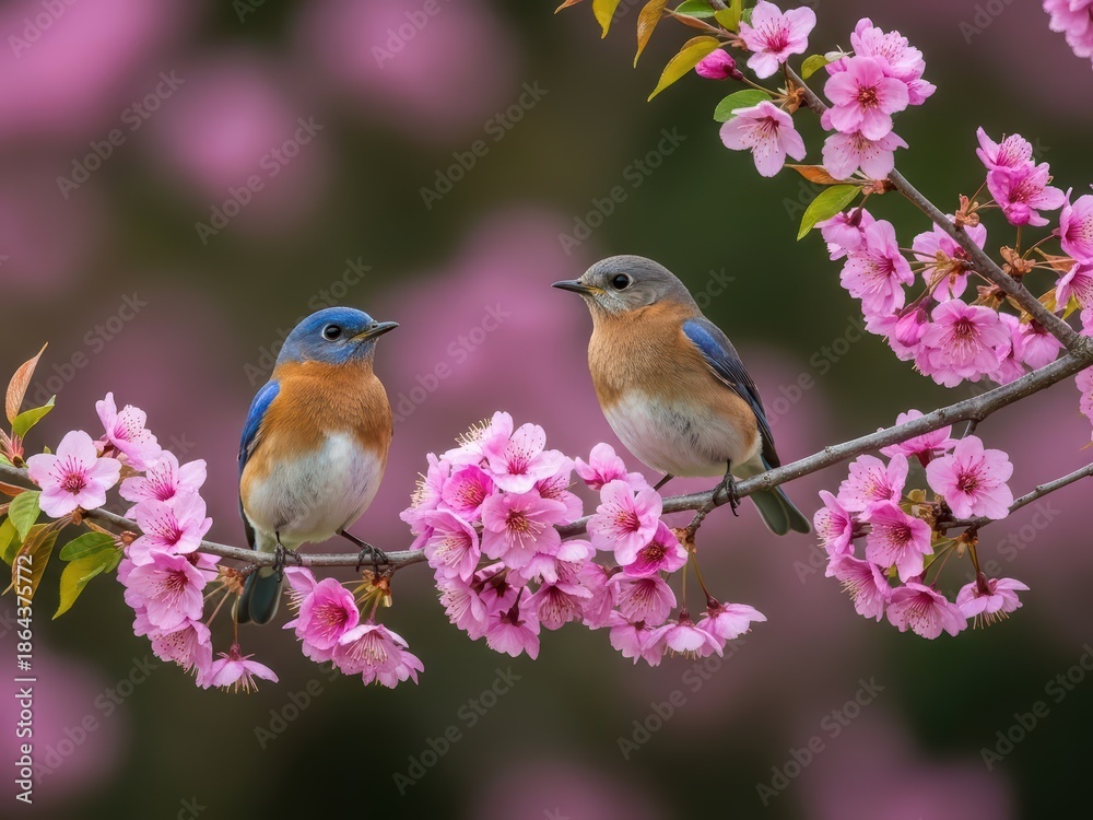 Obraz premium Eastern Bluebirds in Cherry Blossoms Springtime Serenity and Nature's Beauty