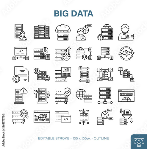Big Data Outline Icon Vector Set for Technology Concepts