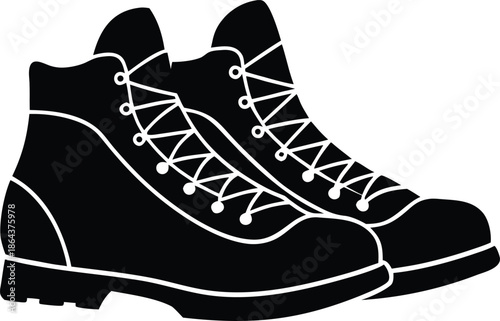 Pair of sturdy black high-top boots, Iconic hiking footwear vector illustration