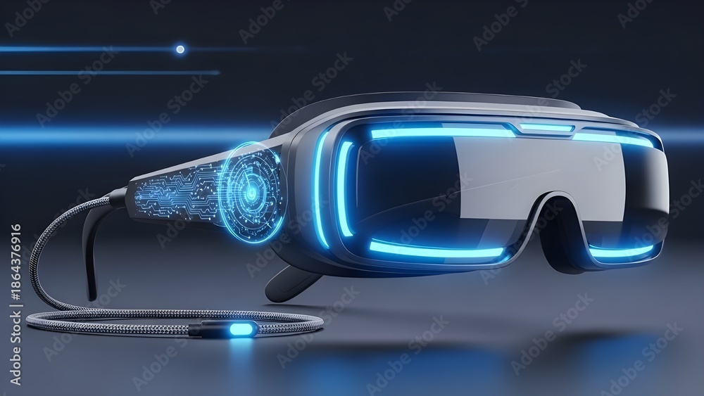 Naklejka premium A sleek, high-tech pair of augmented/virtual reality glasses featuring glossy black frames, bright blue glowing LED accents around the lenses
