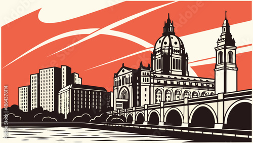 Minneapolis skyline in retro style captures the beauty of the cityscape. Suitable for travel guides, posters, and online content.