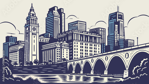 Minneapolis skyline with riverfront buildings and stone arch bridge in minnesota, ideal for travel blogs, city guides, architecture websites.