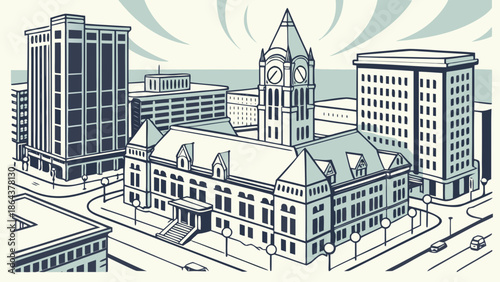 Minneapolis skyline vibrantly captures urban environment with various buildings. Suitable for travel blogs, city guides, real estate promotions.