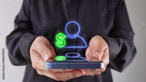 Wallpaper Mural Personal finance app. Businesswoman with smartphone in hand with an animated avatar of a person holding a money symbol. Torontodigital.ca