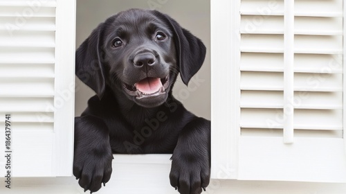 Happy black puppy looking out from white window shutters on a sunny day