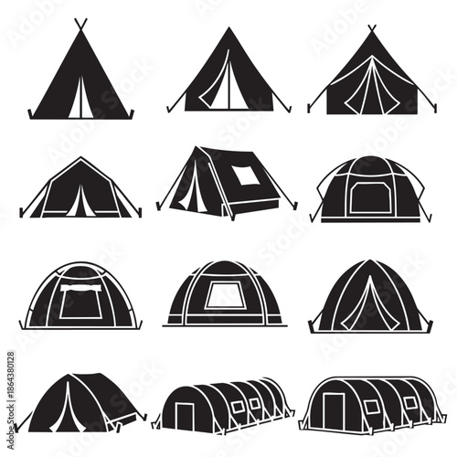Set of geometric camping tents and shelters in various shapes and styles
