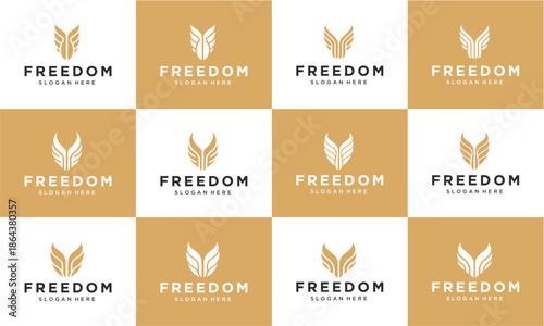 A collection of minimalist wing and bird-like logo designs for a brand named "FREEDOM" with alternating gold and white backgrounds.