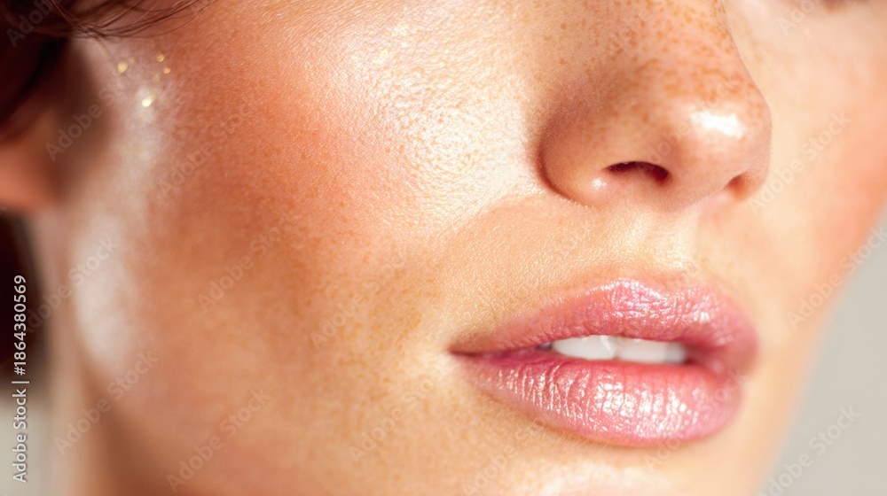 Fototapeta premium Close-up of a woman's face with freckles and shiny lips in a studio setting