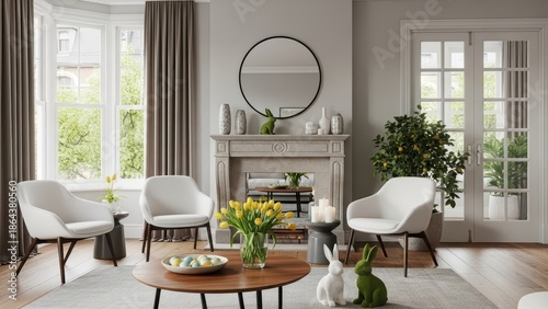 Modern Living Room Interior Design with Tulip Flowers  Easter Decorations