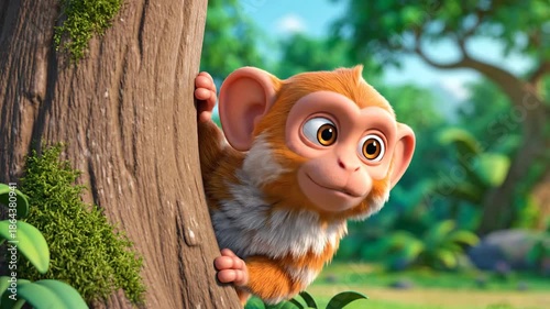 Playful animated monkey peeking from behind a tree in a lush green jungle scene