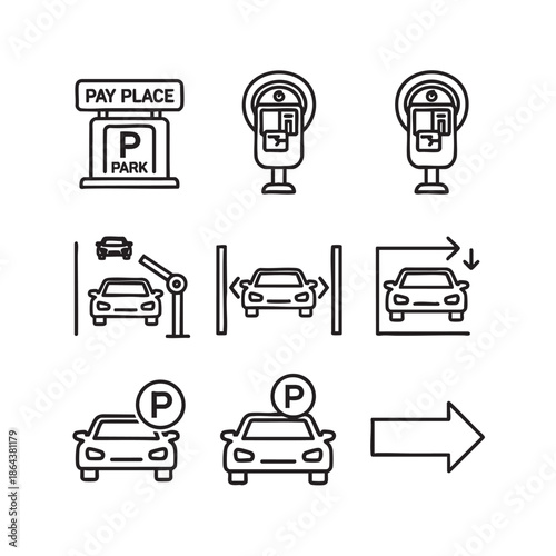 Set of parking payment and direction signs for vehicles