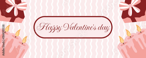 Valentine’s Day retro horizontal banner in red and pink colors with romantic candles and gift boxes illustration