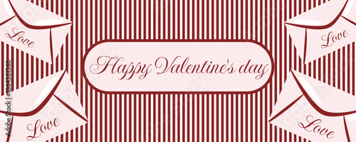 Valentine’s Day retro horizontal banner in red and pink colors with romantic envelopes and valentine cards illustration