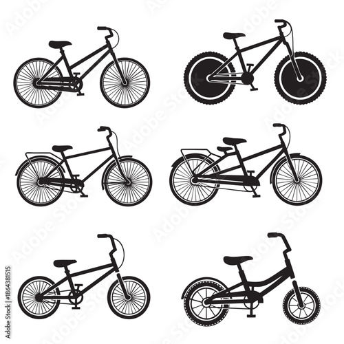 Set of six different types of bicycles isolated on transparent background