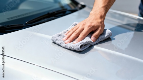 Hand with a gray microfiber cloth gently wiping down the hood of a clean silver vehicle.