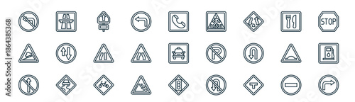 modern linear traffic sign icon set. vector thin line outline symbols for ui/ux app and web interfaces. minimal stroke collection including no entry, highway, street, restaurant, narrow road, gas
