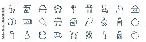 modern linear grocery icon set. vector thin line outline symbols for ui/ux app and web interfaces. minimal stroke collection including honey, noodles, yogurt, shopping bag, shopping basket, onion,